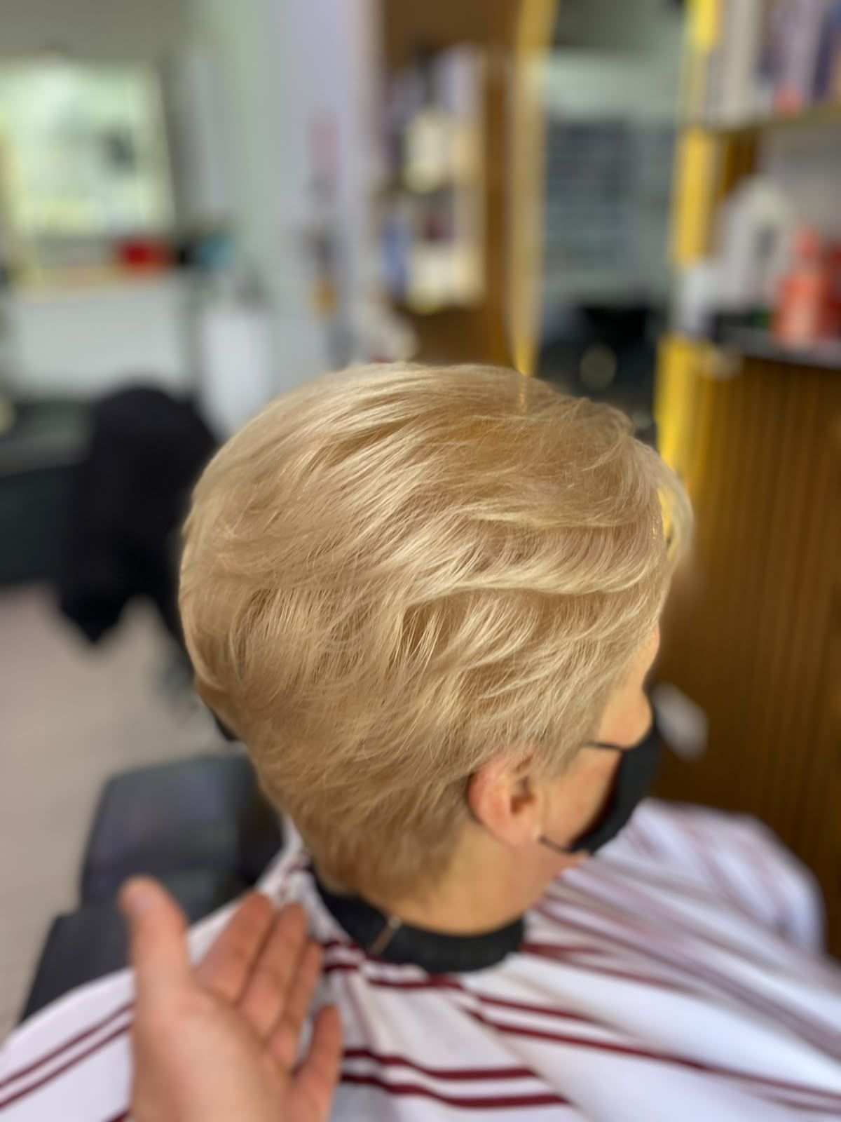 Corte corto tipo pixie en rubio claro con nuca escalonada, vista trasera